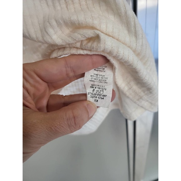 Haptics Cream with Cheetah Accents Short Sleeve Waffle Knit Shirt - 1X - Picture 2 of 2